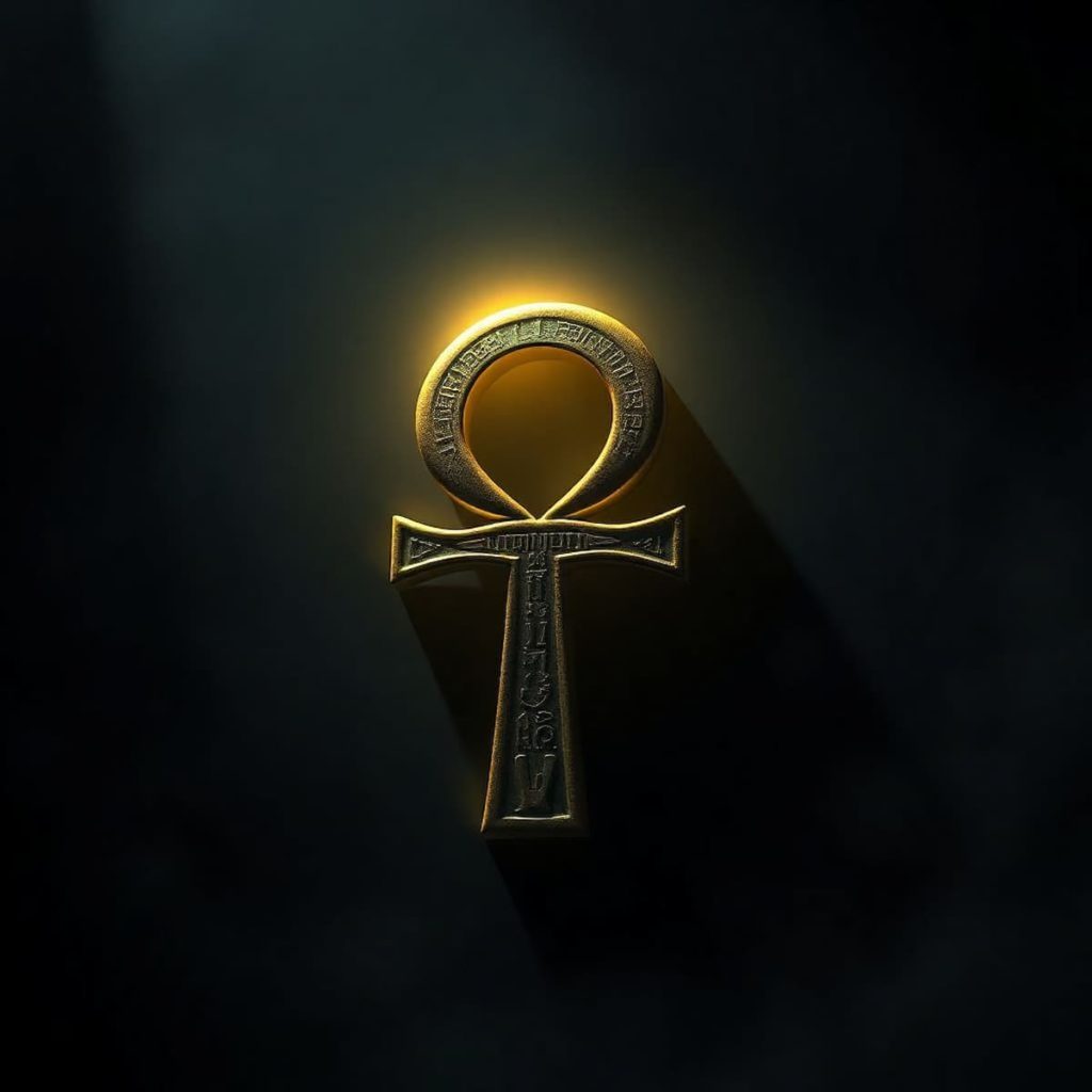 ancient Egyptian Ankh symbol with subtle glowing aura surrounded by darkness