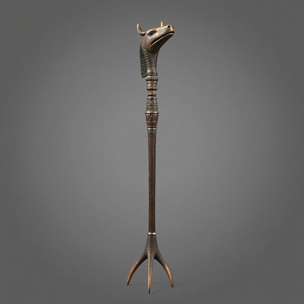 ancient egyptian scepter, with a long staff, forked base, and a sideways-facing animal head at the top, symbolizing power, authority, and control